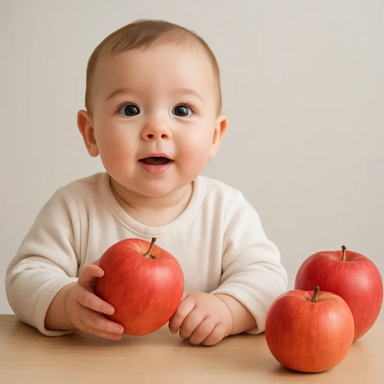 Infographic showing the nutritional benefits of apples for babies, highlighting vitamins and health advantages